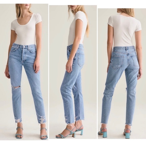 Agolde Jamie High Rise Classic Tapered Distressed Jeans in Idyllic 24 - Picture 1 of 9